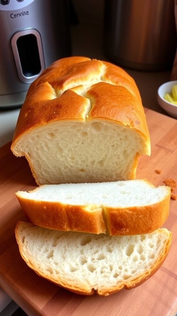 Easy Bread Machine Yeast Loaf Recipe A golden brown loaf of bread sliced on a cutting board with a cozy kitchen background.